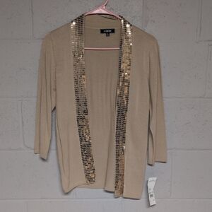 Elementz Tan Sequin Trim Cardigan Size Medium, NWT, Glam, Sequins